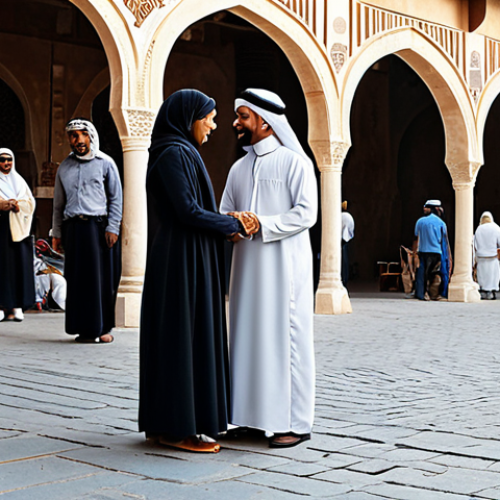 Home 25 A diverse group of individuals, fully clothed in modest, culturally appropriate attire, peacefully interacting within a vibrant, ancient marketplace in a Middle Eastern city, with historical architectural elements like an old archway in the background. The scene conveys a sense of enduring community and shared heritage amidst historical roots, reflecting resilience and the human spirit. perfect anatomy, correct proportions, natural pose, well-formed hands, proper finger count, natural body proportions, professional photography, high quality, safe for work, appropriate content, fully clothed, family-friendly.