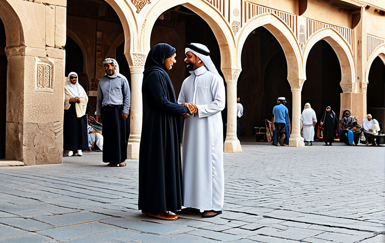A diverse group of individuals, fully clothed in modest, culturally appropriate attire, peacefully interacting within a vibrant, ancient marketplace in a Middle Eastern city, with historical architectural elements like an old archway in the background. The scene conveys a sense of enduring community and shared heritage amidst historical roots, reflecting resilience and the human spirit. perfect anatomy, correct proportions, natural pose, well-formed hands, proper finger count, natural body proportions, professional photography, high quality, safe for work, appropriate content, fully clothed, family-friendly.