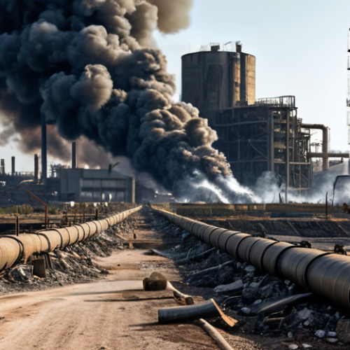Home 24 **
"Worn oil refinery in a war-torn Syrian landscape, damaged pipelines, smoke billowing, rubble strewn about, fully clothed workers in the distance, safe for work, realistic rendering, documentary photography style, appropriate content, perfect anatomy (in the distance), natural proportions, professional, family-friendly."
**