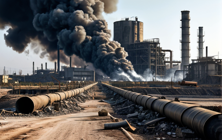 **

"Worn oil refinery in a war-torn Syrian landscape, damaged pipelines, smoke billowing, rubble strewn about, fully clothed workers in the distance, safe for work, realistic rendering, documentary photography style, appropriate content, perfect anatomy (in the distance), natural proportions, professional, family-friendly."

**