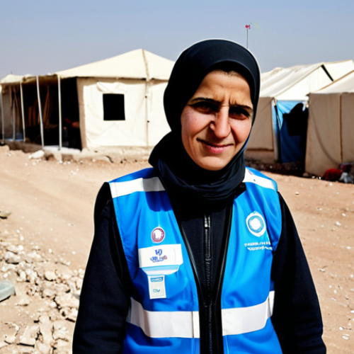 Home 23 International Humanitarian Aid Worker in Syria**
A professional, fully clothed female aid worker wearing a clearly marked UNHCR vest, assisting a family in a refugee camp in Syria. The background shows tents and other temporary shelters. Focus on compassion and resilience. Appropriate attire, safe for work, perfect anatomy, natural proportions, professional photography, high quality, modest dress, family-friendly.
**