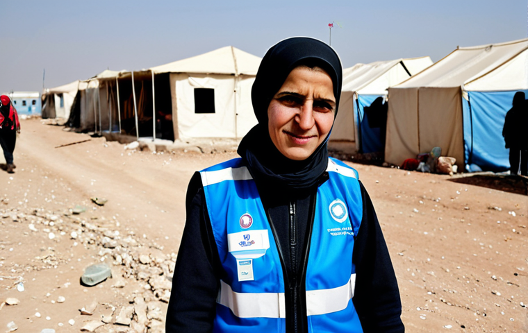 International Humanitarian Aid Worker in Syria**
A professional, fully clothed female aid worker wearing a clearly marked UNHCR vest, assisting a family in a refugee camp in Syria. The background shows tents and other temporary shelters. Focus on compassion and resilience. Appropriate attire, safe for work, perfect anatomy, natural proportions, professional photography, high quality, modest dress, family-friendly.
**