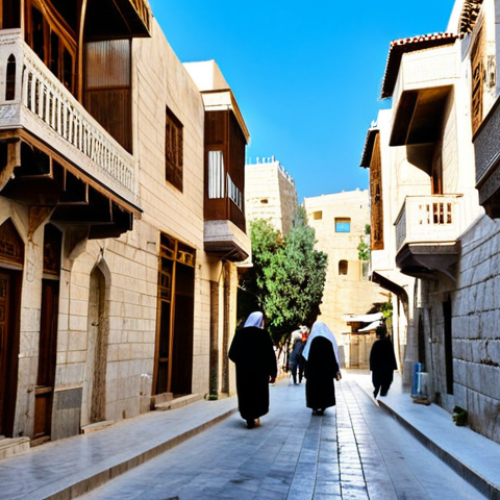 Home 12 Limestone House in Old Damascus**
"A charming residential street in the Old City of Damascus, featuring traditional houses constructed of light-colored limestone. The scene is bathed in warm sunlight, creating a cozy and inviting atmosphere. Fully clothed people stroll along the street. Safe for work, appropriate content, family-friendly, perfect anatomy, natural proportions, professional photography, high quality, fully clothed, modest clothing, appropriate attire."
**
