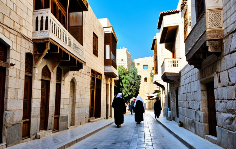 Limestone House in Old Damascus**
"A charming residential street in the Old City of Damascus, featuring traditional houses constructed of light-colored limestone. The scene is bathed in warm sunlight, creating a cozy and inviting atmosphere. Fully clothed people stroll along the street. Safe for work, appropriate content, family-friendly, perfect anatomy, natural proportions, professional photography, high quality, fully clothed, modest clothing, appropriate attire."
**